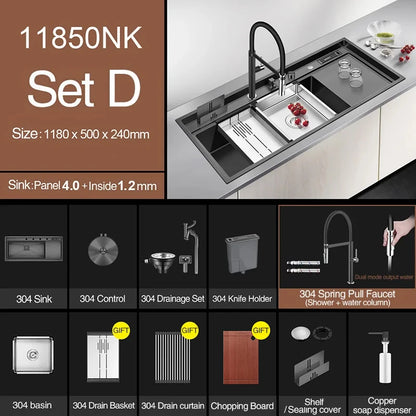 ASRAS New Nanometer Kitchen Sink Handmade Sink 4mm Thickness 240mm Depth Large Size Single Kitchen Sink With Drain Plate Sinks