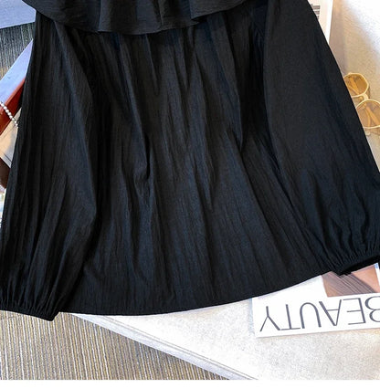 2025 French Large Size Long Sleeve O-neck Solid Color Loose Ruffle Shirt Ladies Spring Autumn Plus Size Blouses for Women