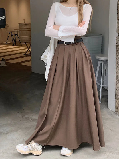 Qiukichonson Grey Midi Long Skirts Womens Maxi Skirt 2023 Autumn Winter Suit Skirt Goth Lolita High Waist Ruffle Pleated Skirts.