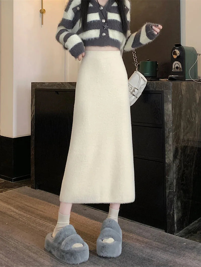 Korean Imitation Mink Plush Knitted Skirts Women Autumn Winter Thick Soft Split Pencil Skirts Elegant High Waist Bodycon Skirt.