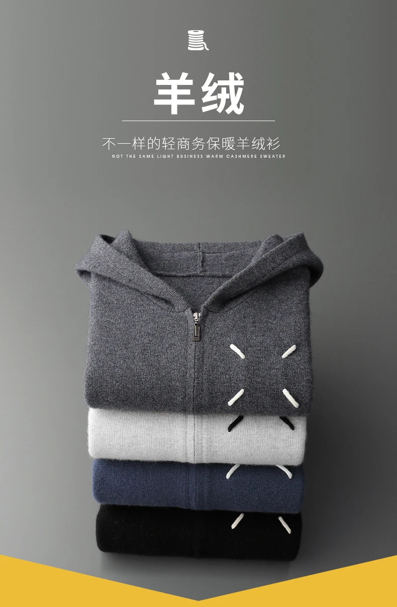 Men's 100% Cashmere Sweater Zipper Hooded Cardigan Warm Air Layer Thickened Jacket Jacquard Casual Knitted Wool Sweater.