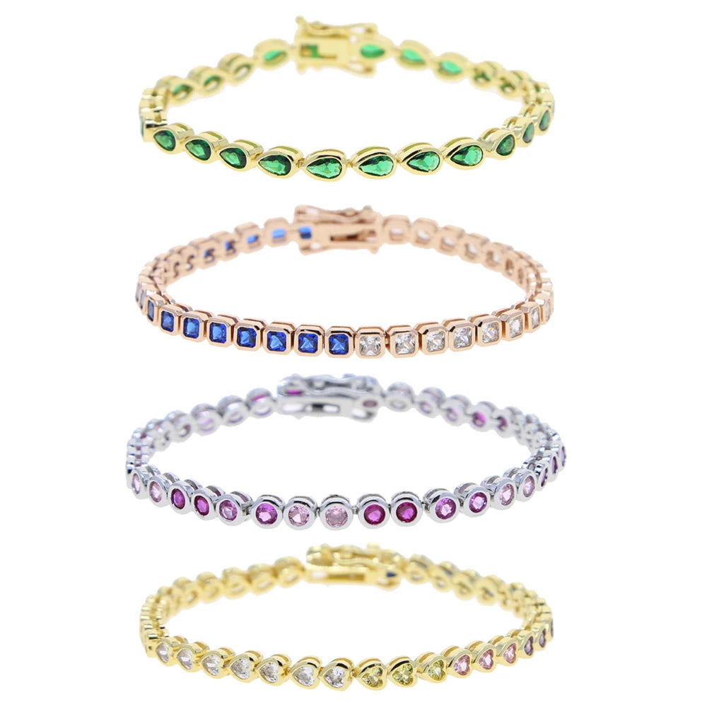 Various Shaped Geometric Bezel Cubic Zirconia 5A CZ Tennis Chain Bracelet Classic Fashion Women Jewelry.