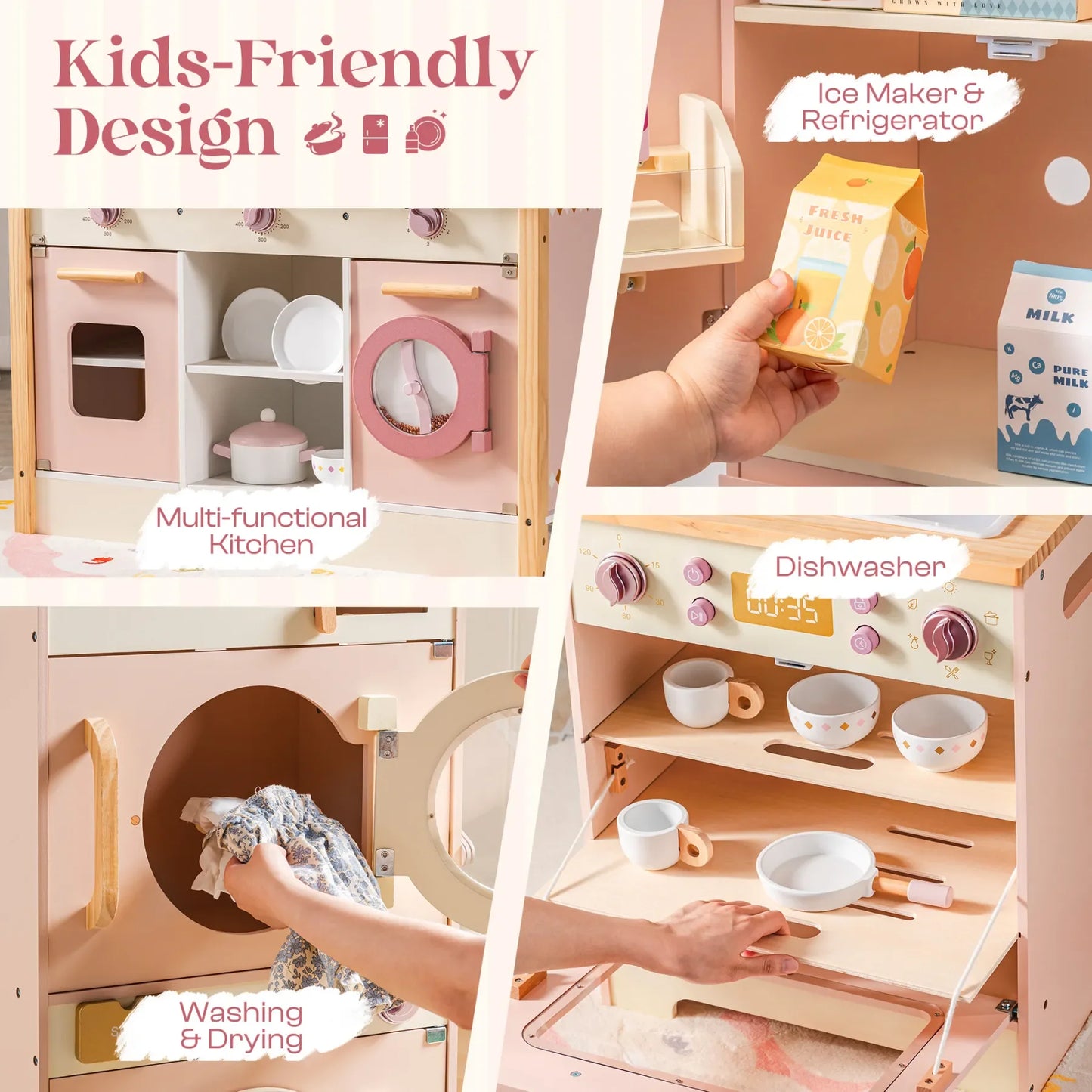 Robotime Robud Kids Corner Kitchen Playset Wooden Play Kitchen Set with Realistic Sound Pretend Play Gift for Boys Girls Pink.