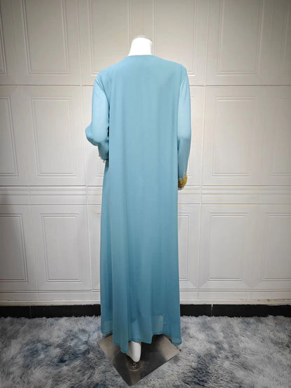 Eid Frauen Abaya Kleid Muslim 2-teiliges Set Strickjacke mit Innenkleid Schnürmantel Kaftan Robe Jalabiya Ramadan Marokko Kaftan 2025