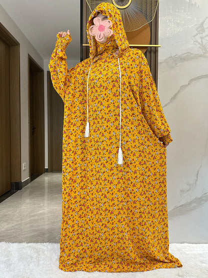 New Ramadan Muslim Two Hats Abaya Dubai Turkey Islam Prayer Clothes Floral Cotton Long Dress Islam Women Dress Kaftan.