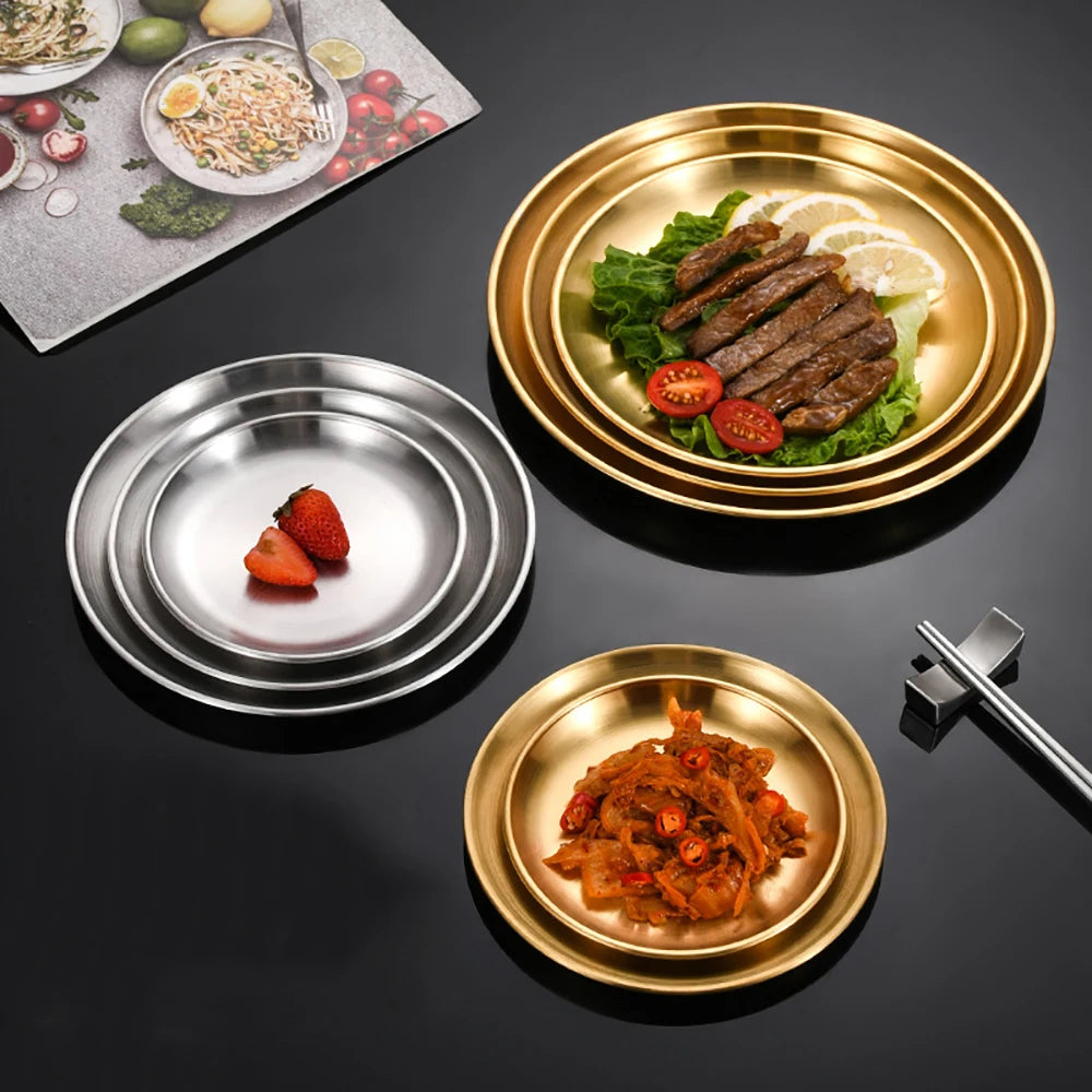 1Pcs Gold Stainless Steels Metal Round Plate Rust-Proof Shallow Tray Plate Camping Plate BBQ Picnic Dishes Cookware Tableware.