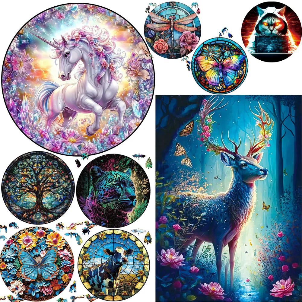 Deer in The Forest Wooden Puzzle Unique Shape Animal Puzzle Adult Relaxation Gift Exquisite Boxed Set with Decorative Artworks.