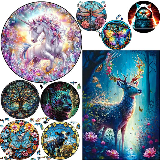 Deer in The Forest Wooden Puzzle Unique Shape Animal Puzzle Adult Relaxation Gift Exquisite Boxed Set with Decorative Artworks.