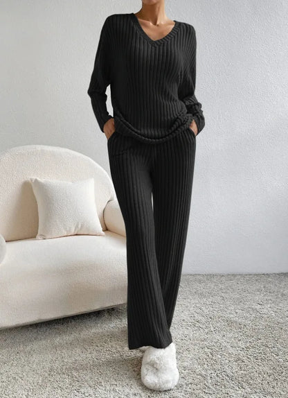 Autumn Winter Ribbed Knit Two Piece Set Womens V Neck Long Sleeve Top Wide Leg Pants Loungewear Casual Solid Color Outfit.