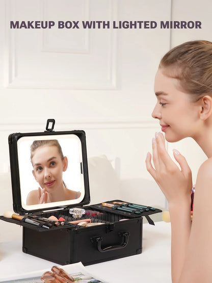 Portable Makeup Case With Light and Mirror 3 Adjustable Brightness LED Cosmetic Case Makeup Organizer Travel Train Case Storage.
