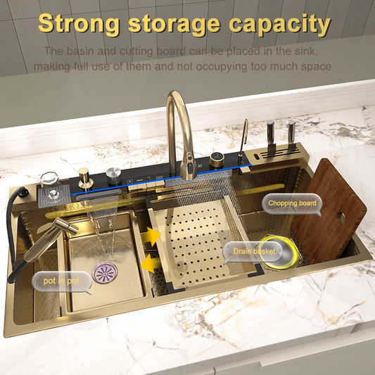 Goldene Küchenspüle aus Edelstahl, multifunktionale Wasserfall-Auslass, Einzelschlitz, Klavierknopf, Digitalanzeige
