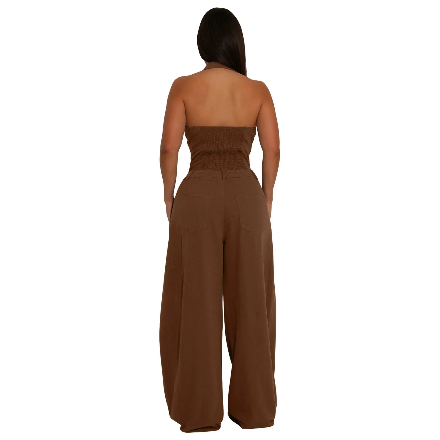 Fashionable Backless Casual Romper with Pockets for Women Summer Breathable Lightweight Solid Color One-Piece Suit.