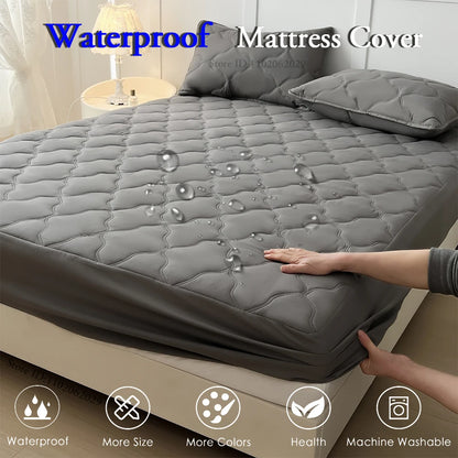 Waterproof Throw Mattress Cover Bed Fitted Sheet Mattress Bedspread Protector Pads Single/Double/King/Queen Full Size Gray/White.