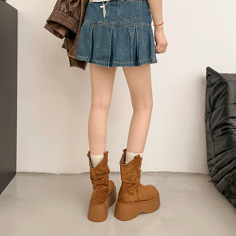 Chunky Platform Thick Sole Woman Ankle Boots Design Round Toe Slip On Shoes  2025 Autumn Winter Short Botas Para Mujer.