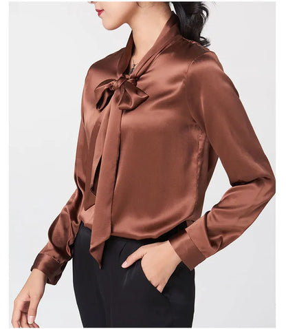 Heavyweight Mulberry Silk Shirt Women's 2025 Spring And Autumn New Long Sleeve Satin Silk Blouse V-neck Bow Ribbon Shirt.