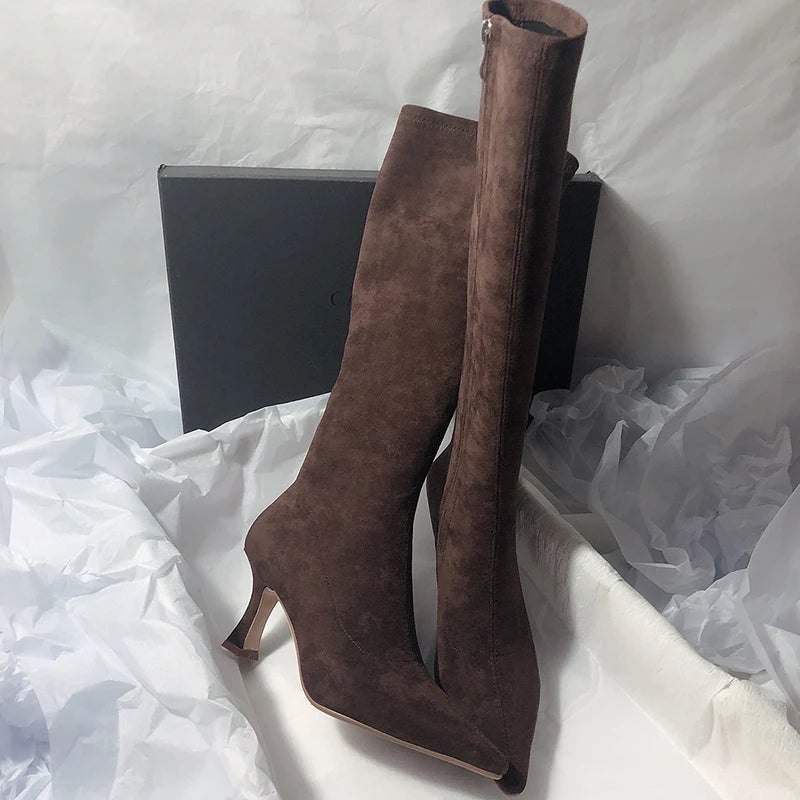 Women Stretch Modern Long Boots Fashion Pointed Toe Knee High Booties Designer High Heels Shoes.