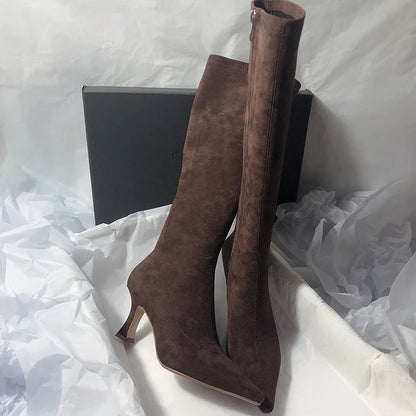 Women Stretch Modern Long Boots Fashion Pointed Toe Knee High Booties Designer High Heels Shoes.