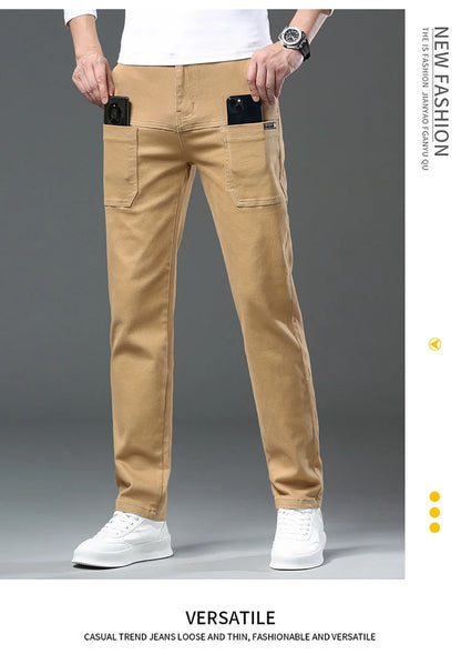 Spring and Autumn Men's Multi-Pocket Design Jeans Fashionable and Versatile White Khaki Red Comfortable Stretch Denim Pants.
