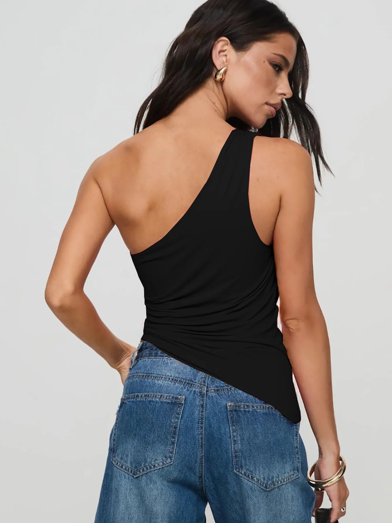 Dulzura One Shoulder Sleeveless Backless Bodycon Irregular Metal Button Tank Top Solid Sexy Casual Y2K Tops Party Street Outfit.