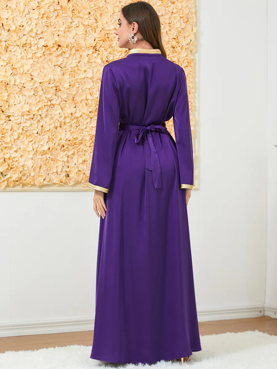 Maßgeschneiderte muslimische Sets, elegante muslimische Frauen, Sommer, langärmelig, V-Ausschnitt, Polyester, lila, 2-teiliges Kleid, Mantel, passende Sets, Muslim