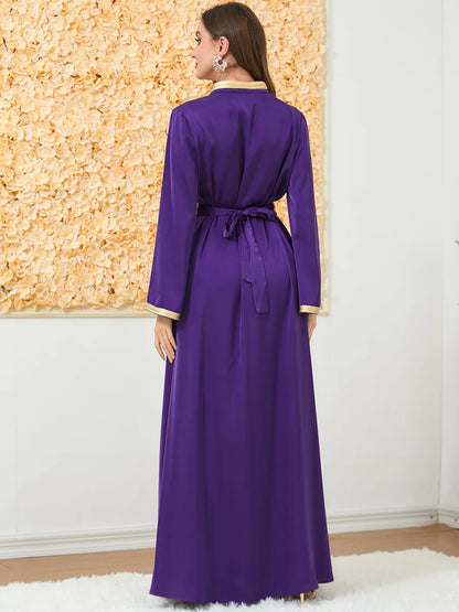 Maßgeschneiderte muslimische Sets, elegante muslimische Frauen, Sommer, langärmelig, V-Ausschnitt, Polyester, lila, 2-teiliges Kleid, Mantel, passende Sets, Muslim