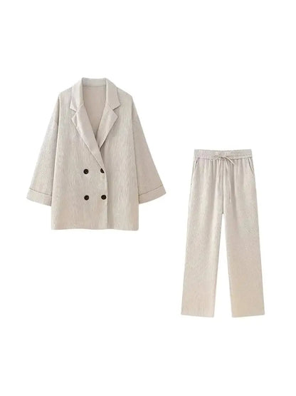 Women's Double-Breasted Loose Blazer Coat and High Elastic Waist Wide Leg Pants, Female Two Piece Sets, Fashion.