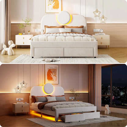 Creahappy Doppelbettgestell – 140 x 200 cm, gepolstertes Bett – Schubladenbett mit 2 Schubladen – ausgestattet mit LED-Leuchten – Beige