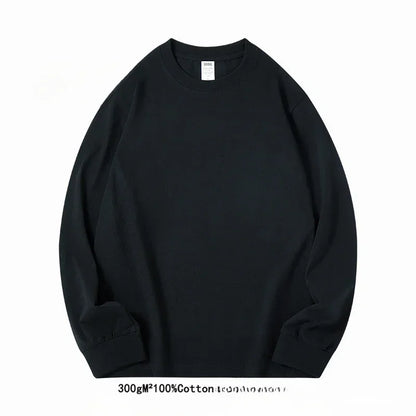 Spring Autumn 300g Heavy-duty Pure Cotton Long Sleeved  T-shirt FLoose White Top Thick Base Layer Underneath for Men and Women