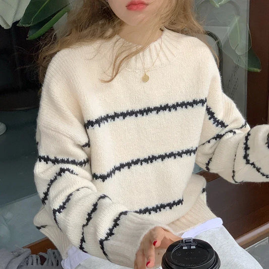 Herbst Winter Gestreiften Pullover Pullover Frauen Gestrickte Shirts Lange Hülse Lose Mock Neck Outwear Casual Pullover Tops Strickwaren