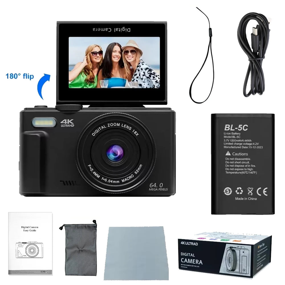 Ourlife AC600 Digital Camera 4K 64MP UHD Cameras 18X Digital Zoom 180° Flip Screen Vintage Vlogging Camera for YouTube Autofocus