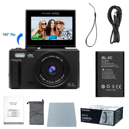 Ourlife AC600 Digital Camera 4K 64MP UHD Cameras 18X Digital Zoom 180° Flip Screen Vintage Vlogging Camera for YouTube Autofocus