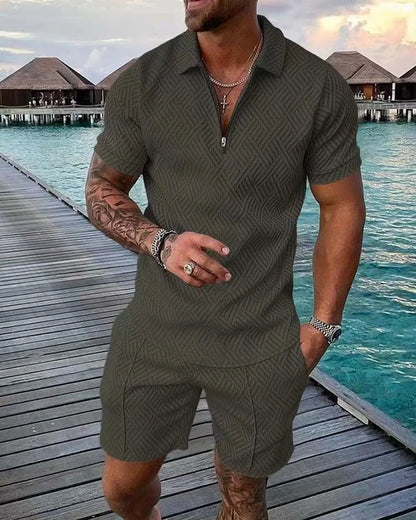 Casual Mesh Lapel short-sleeved Pullover + Shorts Solid Thin Sportswear set, Black suit, men's Sportswear T-shirt Set.