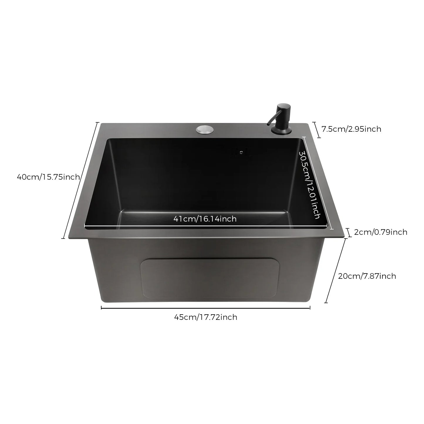16 * 12-Zoll-Unterbau-Einzelschüssel-Küchenspüle aus Edelstahl mit Zubehör, (1 Abflusskorb, 1 Seifenspender), Schwarz