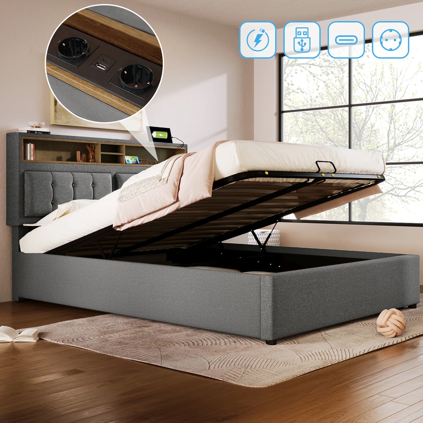 Polsterbett 160x200cm, Doppelbett mit USB C Steckdose Ladefunktion Kopfteil, Stauraumbett mit lattenrost, Leinen, Ohne Matratze