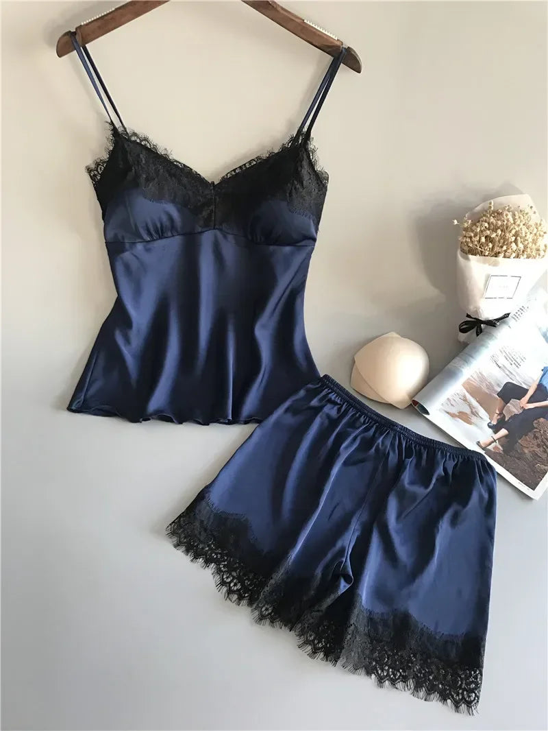 Sommer-Nachtwäsche für Damen, sexy Dessous, Spitze, Satin, Pyjama-Sets, Nachtwäsche, ärmellose Tops + Shorts, 2-teiliges Set, Pyjama-Sets.