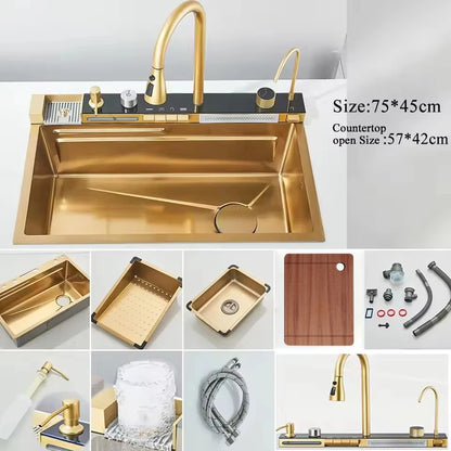 Stainless Steel Kitchen Sink with Hot Cold Pull Out Kitchen Sink Faucets Digital Large Single Bowl Waterfall Rain Kitchen Sinks