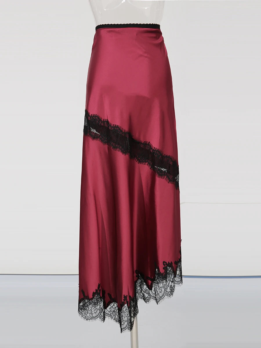 TWOTWINSTYLE Colorblock Slimming Fashion Midi Skirts for Women Patchwork Lace Temperament Skirt Female Elegant Clothing Style.