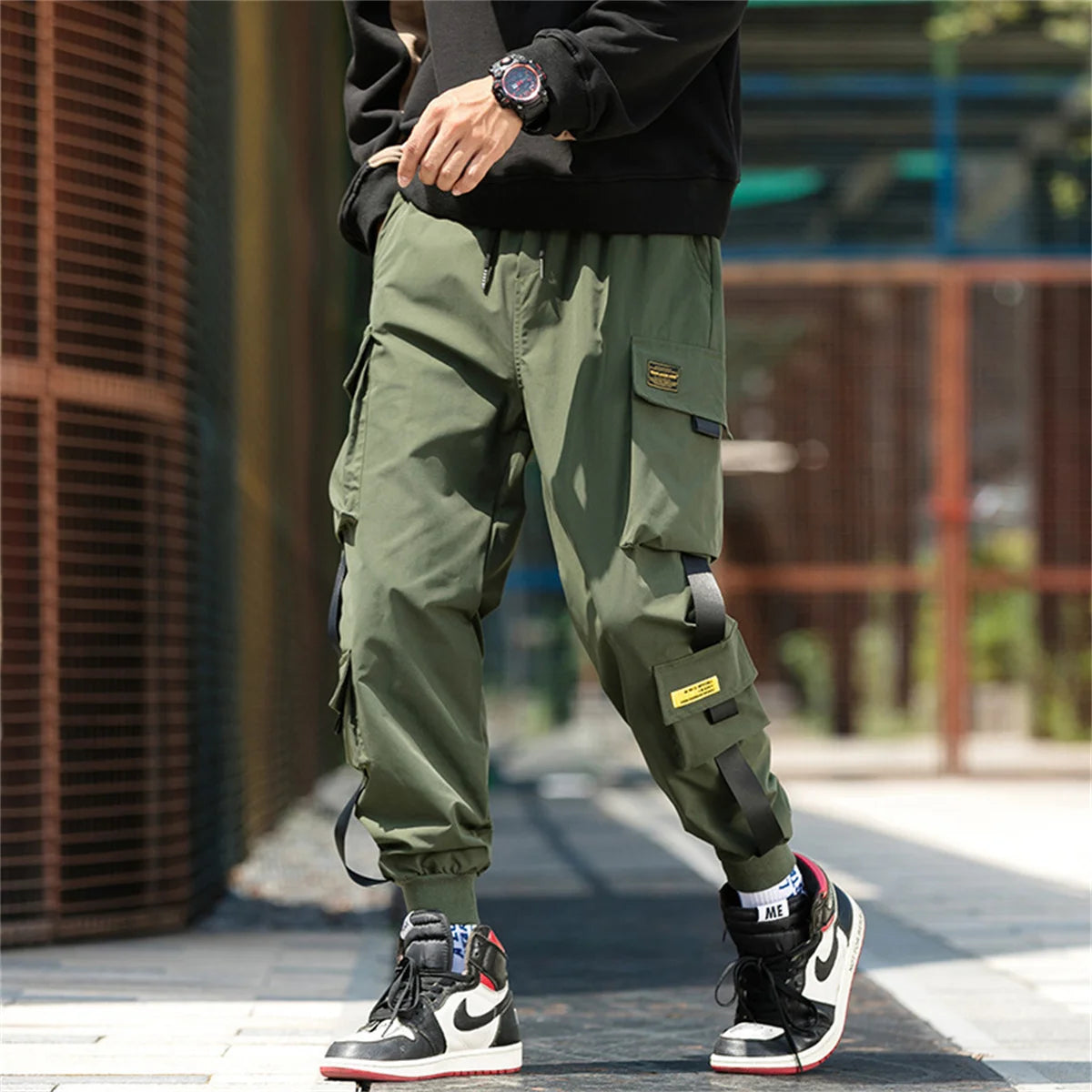 Men's Cargo Pants Casual Hip Hop Hit Color Multiple Pockets Trousers Streetwear Ribbons Techwear Sweatpants Boys.