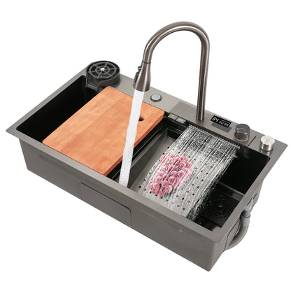 Intelligentes Küchenspülbecken mit digitalem Wasserhahn, Nano-beschichtetes Edelstahlspülbecken, ausziehbares Sprühgerät, Schneidebrett im Lieferumfang enthalten für Zuhause