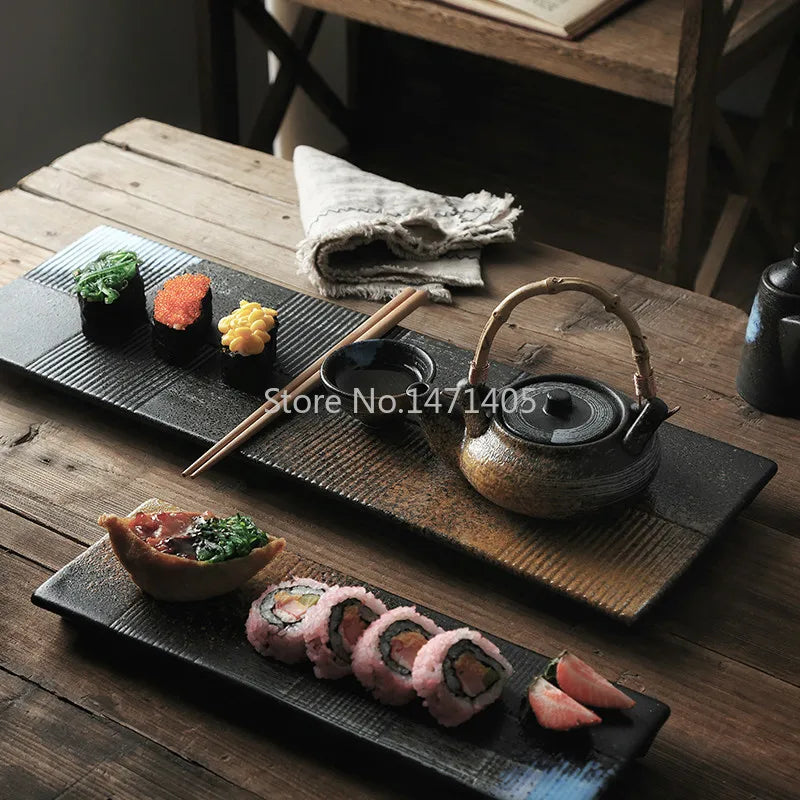 Rectangular Sushi Plate Sashimi Plate Cold Dishes Flat Plate Japanese Ceramic Plate Retro Restaurant Long Plate.