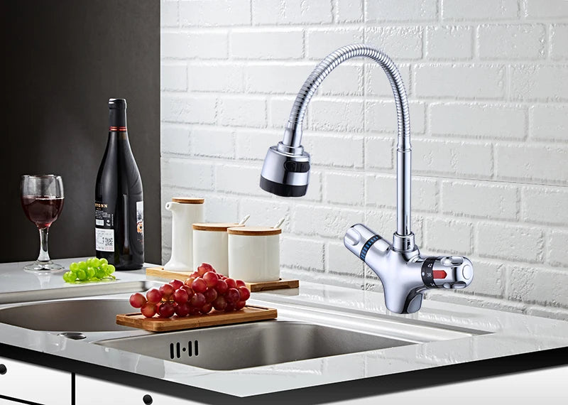 Brass chrome finish Kitchen Mixer tap Cold and Hot Kitchen thermostatic faucet Constant temperature mixer basin faucet