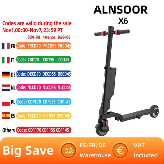 Alnsoor X6 City Electric Scooter 500W Motor 36V5AH Battery City Electric Scooter 5.5" Road Tire Electric Scooter.