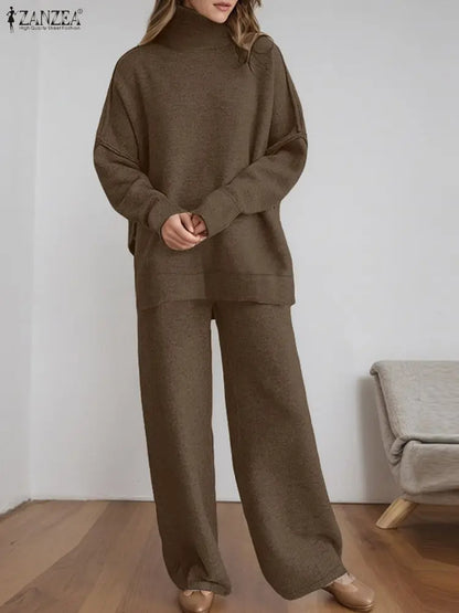 ZANZEA Gestrickte 2-teilige Hosen-Sets für Damen, lässig, lockerer Rollkragen, Langarm-Pullover und Hosenanzüge mit weitem Bein, tägliche Outfits
