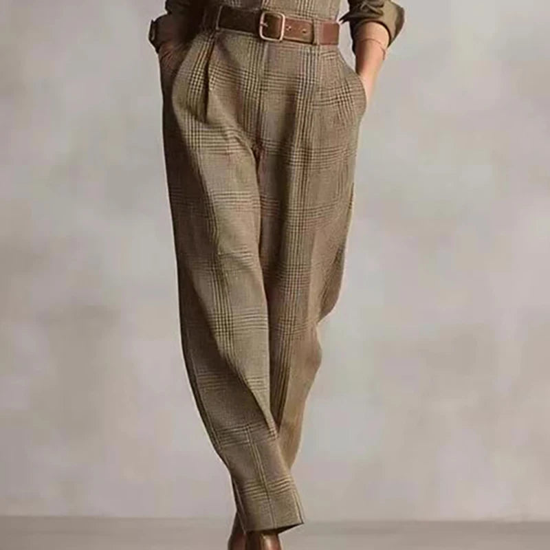 Elegant Button Lapel Shirt Jumpsuits Woman Vintage Plaid Print Pocket Slim Overalls Autumn Long Sleeve Female Clothing Bodysuits.