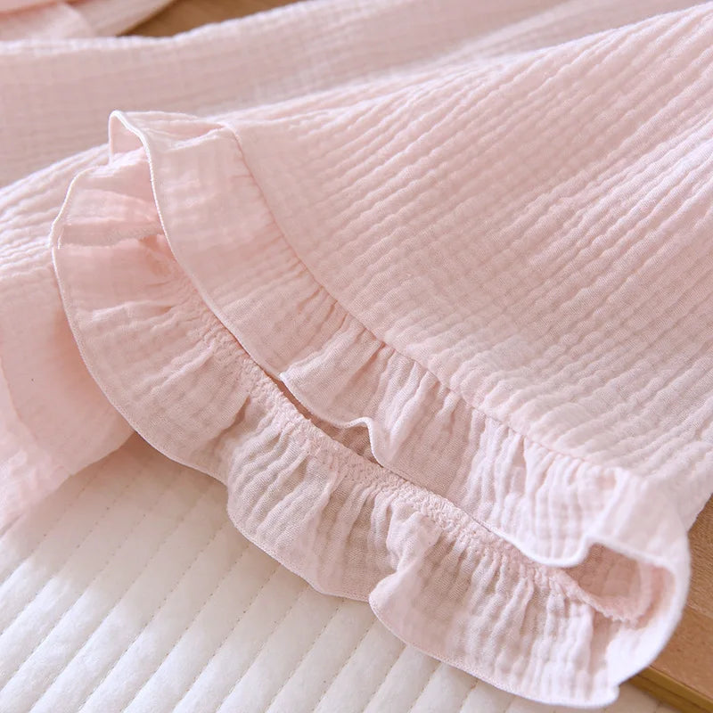 Spring and summer 2025 new women's pajama suit 100% cotton crepe short-sleeved capris embroidered round-neck household clothes