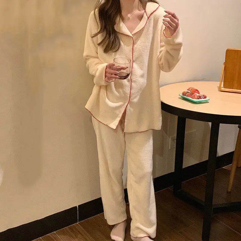 Flannel Women's Pajamas Sets Casual Autumn Winter Sleepwear Velvet Pyjama Ladies Cardigan Simple Bedroom Soft Warm Home Clothes.