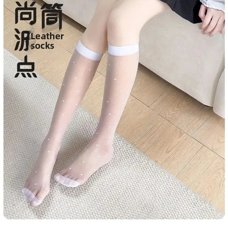 Women's Mid-calf Thin Transparent Stockings Summer Leggings Pure Desire Style Black White Color Half-Transparent Long Tube Socks.
