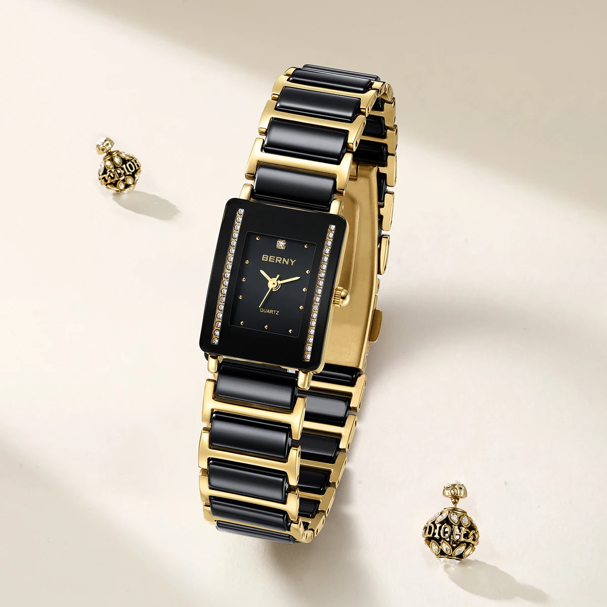 BERNY Ceramics Quartz Women Watch Fashion Rectangle Men/Women Wristwatch Bracelet Luxury Diamon Gold Couple Watches Gift Watches.