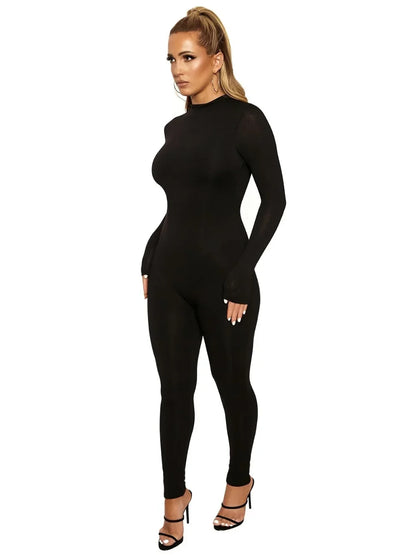 solid black/gray long sleeve skiing jumpsuit women elastic hight outfit fashion fitness sportwear slim rompers streetwear.