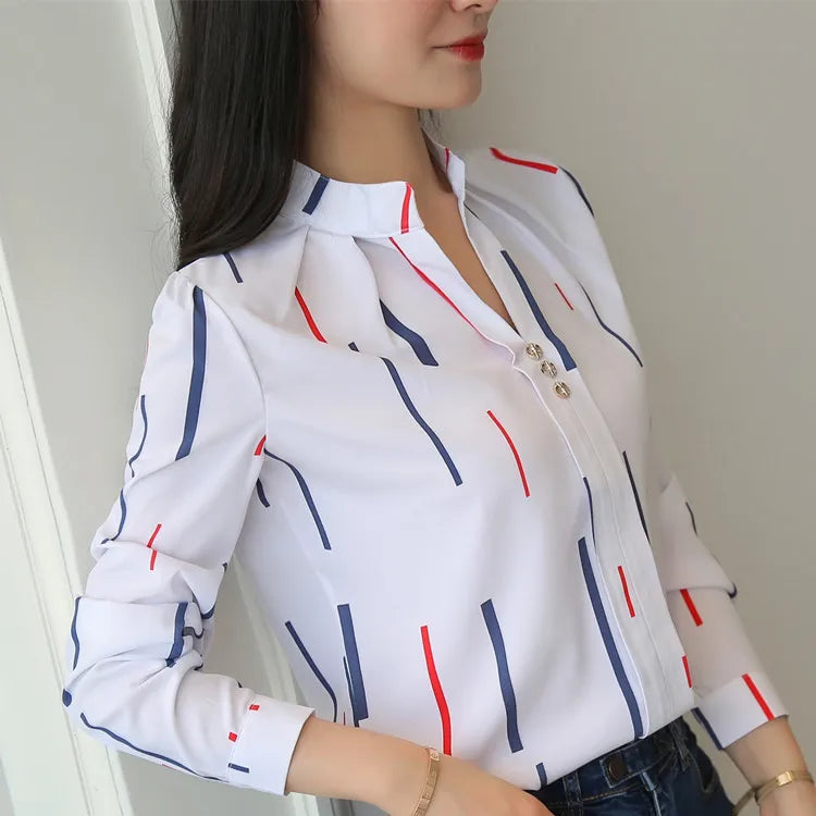 Stripe Women Blouse Fashion Standing Collar Women's Shirt Long Sleeved Shirts and Blouses Printing Ladies Tops Basic Womens Tops.